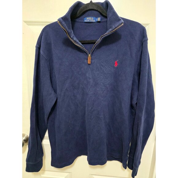 Ralph Lauren Polo Navy Blue 1/4 Zip Pullover Sweater With Red Logo Size L - Picture 2 of 10